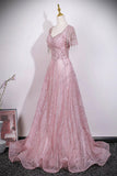 Blush Pink Glitter Tassel Sleeve Prom Dress | Luxury Evening Gown HZ0429
