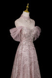 Dusty Pink Glitter Off-the-Shoulder Ball Gown Formal Evening Dress with Tulle Sleeves HZ0429