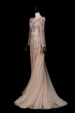 Champagne Sequin Lace Mermaid Wedding Guest Dress with Detachable Train HZ0429