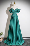 Elegant Off-the-Shoulder Emerald Green Satin Evening Gown with Beading HZ0429