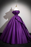 Purple Off-the-Shoulder Satin Ball Gown with Crystal Waist Detail HZ0429