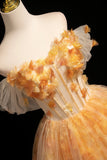 Orange Yellow Off-the-Shoulder Tulle Ball Gown with 3D Flower Embellishments HZ0429