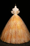 Orange Yellow Off-the-Shoulder Tulle Ball Gown with 3D Flower Embellishments HZ0429