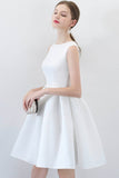 White Satin Short Prom Dresses, A-Line Party Dresses with Bow HZ0429