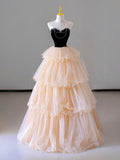 Champagne Strapless Tulle Long Prom Dress, Beautiful Formal Evening Dress HZ0429