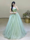 Green Strapless Tulle Floor Length Prom Dress, Beautiful Green Evening Dress HZ0429