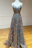 Grey Tulle Sequins Long Prom Dresses, A-Line Spaghetti Straps Evening Dresses HZ0429