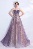 Purple Tulle Sequins Long Prom Dresses, A-Line Strapless Evening Dresses HZ0429