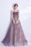 Purple Tulle Sequins Long Prom Dresses, A-Line Strapless Evening Dresses HZ0429