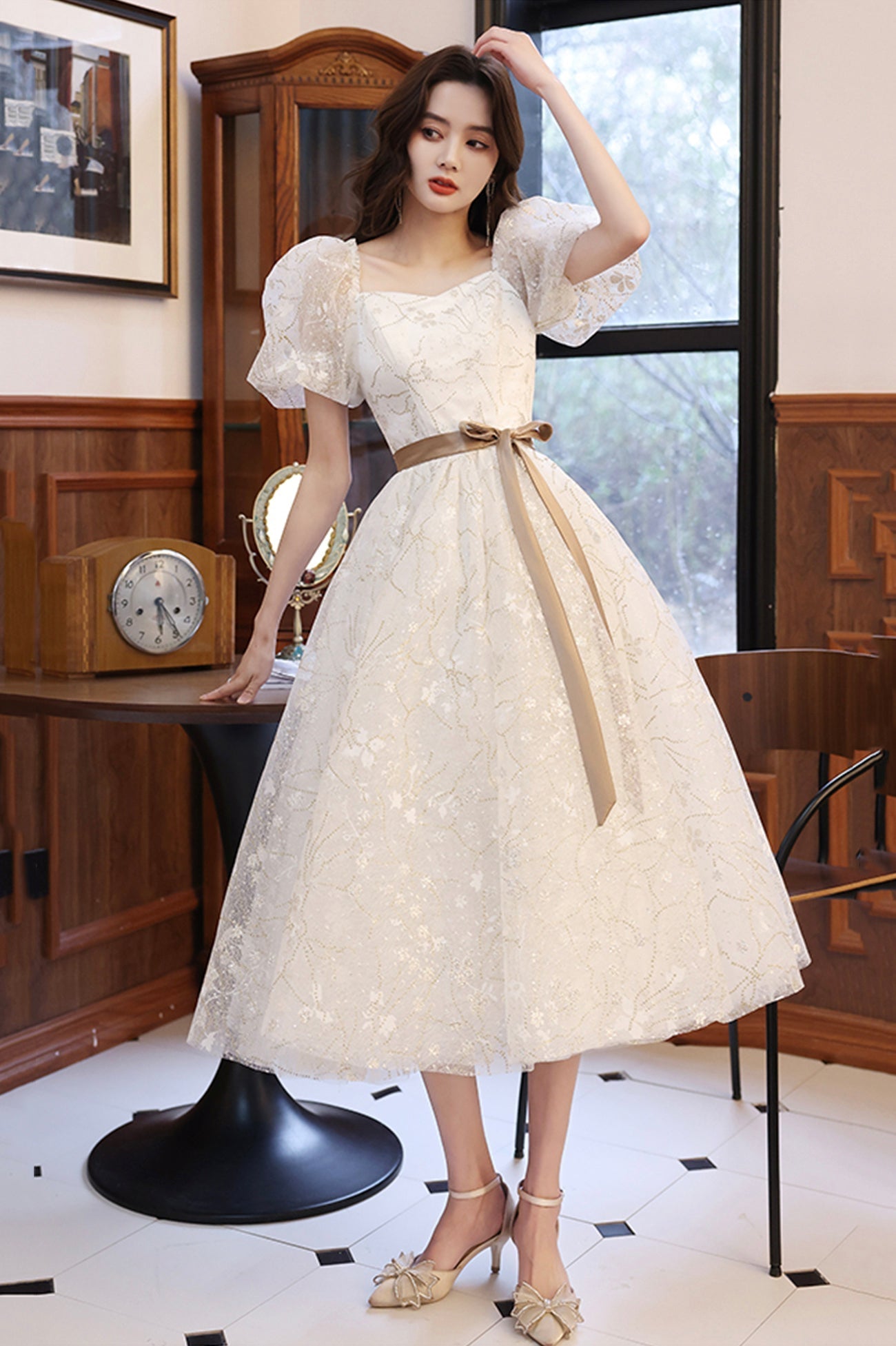 White Tulle Short Sleeve Prom Dress, Cute A-Line Party Homecoming Dres – nclnkm
