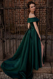 Green Satin Long A-Line Prom Dress, Off the Shoulder Evening Dress with Slit HZ0429