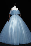 Blue Tulle Lace Long Prom Dresses, A-Line Off the Shoulder Evening Dresses HZ0429