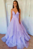 Purple Tulle Long A-Line Prom Dress, V-Neck Backless Evening Dress HZ0429