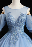 Blue Lace Long A-Line Prom Dresses, Blue Evening Dresses HZ0429