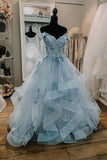 Blue Tulle Lace Long Prom Dresses, Off the Shoulder Evening Dresses HZ0429