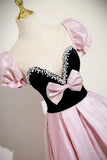 Black Velvet and Pink Satin Long Prom Dress, Lovely A-Line Party Dress HZ0429