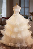 Champagne Tulle Layers Long Prom Dresses, A-Line Strapless Evening Dresses HZ0429