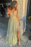 Green V-neck Lace Long Prom Dress, A-Line Evening Dress with Slit HZ0429