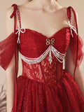 Dark Red Tulle Beaded Long Prom Dress, Beautiful Off the Shoulder Evening Party Dress HZ0429
