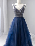 Blue Tulle Beaded Long Prom Dress, A-Line Spaghetti Strap Formal Evening Dress HZ0429