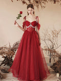 Dark Red Tulle Beaded Long Prom Dress, Beautiful Off the Shoulder Evening Party Dress HZ0429