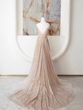 Champagne Spaghetti Strap Sequins Long Prom Dress, Shiny V-Neck Evening Dress HZ0429