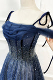 Blue Long Tulle Beaded Prom Dress, Blue Evening Party Dress HZ0429
