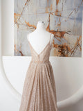 Champagne Spaghetti Strap Sequins Long Prom Dress, Shiny V-Neck Evening Dress HZ0429