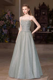Gray Green Tulle Sequins Long Prom Dress, Beautiful A-Line Spaghetti Strap Party Dress HZ0429