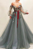 Gray Tulle Lace Long Prom Dress, A-Line Long Sleeve Evening Party Dress HZ0429