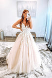 Champagne V-Neck Lace Long Prom Dresses, A-Line Formal Party Gown HZ0429