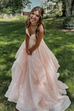 Pink Tulle Long Prom Dress, A-Line Spaghetti Straps Evening Dress HZ0429