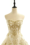Long Champagne Strapless Tulle Lace Prom Dress, A-Line Evening Dress with Train HZ0429