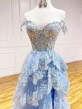Blue Tulle Sequins Long Prom Dress, Beautiful Off Shoulder Evening Dress HZ0429