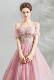 Pink Tulle Lace Long A-Line Prom Dresses, Pink Evening Dresses HZ0429