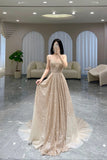 Gold Sparkle Sequins Long A-Line Prom Dress, V-Neck Evening Dress HZ0429