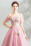 Pink Tulle Lace Long A-Line Prom Dresses, Pink Evening Dresses HZ0429