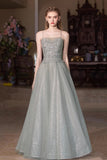 Gray Green Tulle Sequins Long Prom Dress, Beautiful A-Line Spaghetti Strap Party Dress HZ0429