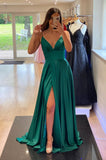 Green V-Neck Satin Long Prom Dress, A-Line Evening Dress with Slit HZ0429
