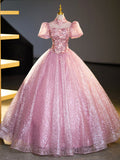 Pink Tulle and Lace Long Prom Dress with Sequins, Beautiful A-Line Sweet 16 Dress HZ0429