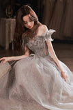 Gray Tulle Sequins Long Prom Dresses, A-Line Off the Shoulder Evening Dresses HZ0429