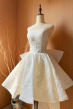 White Strapless Lace Knee Length Party Dress, Cute A-Line Evening Prom Dress with Bow HZ0429