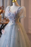 Blue Crumpled Tulle Long Prom Dress, Beautiful Flower Fairy Evening Party Dress HZ0429