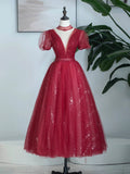 Burgundy Tulle Sequins Tea Length Prom Dress, A-Line Evening Party Dress HZ0429