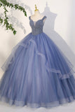 Blue Beaded Tulle Long A-Line Prom Dress, Blue Formal Evening Dress HZ0429