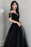 Black Tulle Long A-Line Prom Dresses, Off the Shoulder Evening Dresses HZ0429