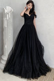 Black Tulle Long A-Line Prom Dresses, Off the Shoulder Evening Dresses HZ0429