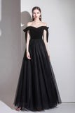 Black Tulle Off the Shoulder Prom Dress, Black A-Line Party Evening Dress HZ0429
