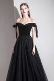 Black Tulle Off the Shoulder Prom Dress, Black A-Line Party Evening Dress HZ0429