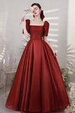 Burgundy Satin Long Prom Dresses, A-Line Short Sleeve Evening Dresses HZ0429